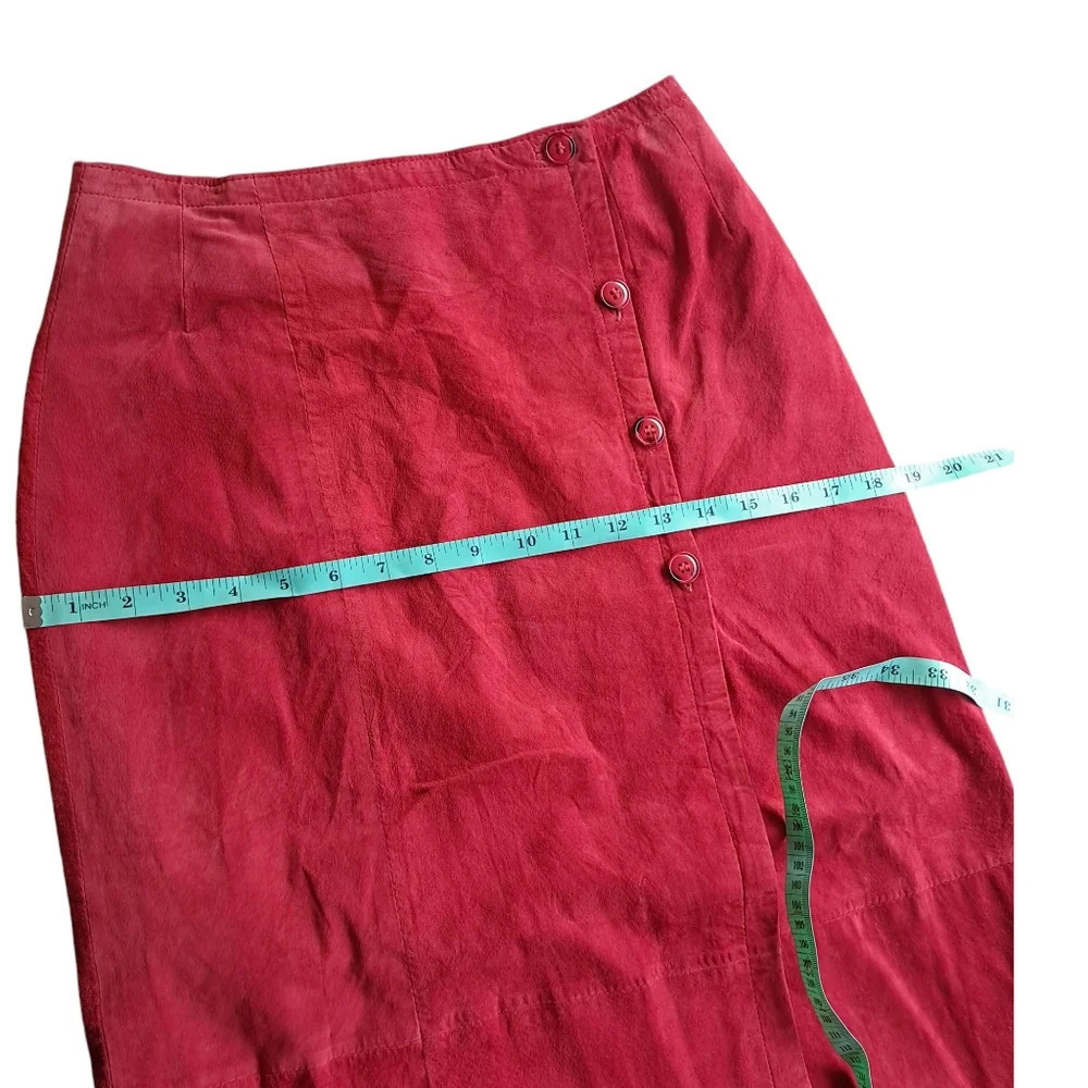 VTG 100% Genuine Natural Suede Leather Long Maxi Skirt Button Wrap Red Vintage - Picture 4 of 9